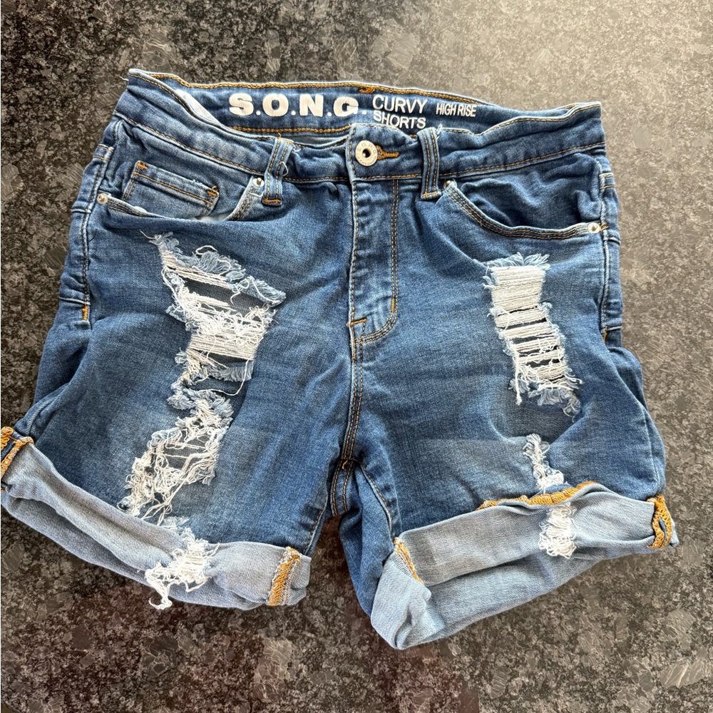 Distressed Blue Jean Shorts with Rolled Hems